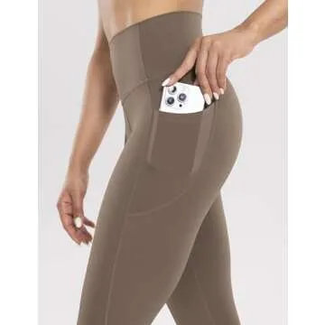 ENERBLOOM Women's Workout Leggings with Pockets High Waist Yoga Pants 28" Cream Soft Athletic Tights Full Length Coffee XX-Small