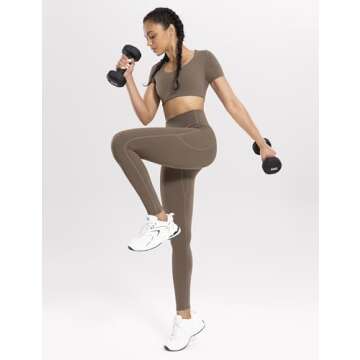 ENERBLOOM Women's Workout Leggings with Pockets High Waist Yoga Pants 28" Cream Soft Athletic Tights Full Length Coffee XX-Small