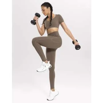 ENERBLOOM Women's Workout Leggings with Pockets High Waist Yoga Pants 28" Cream Soft Athletic Tights Full Length Coffee XX-Small