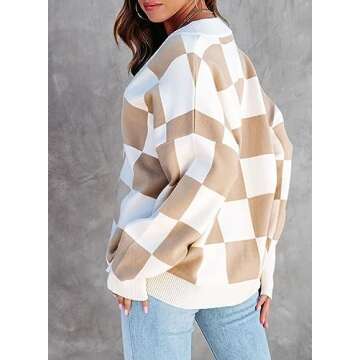 Dokotoo Womens Cardigan Sweaters Color Block V Neck Button Down Long Sleeve Plaid Cardigans Coats Casual Cable Knit Ribbed Fall Winter Ladies Loose Fit Jackets Outerwear Khaki L