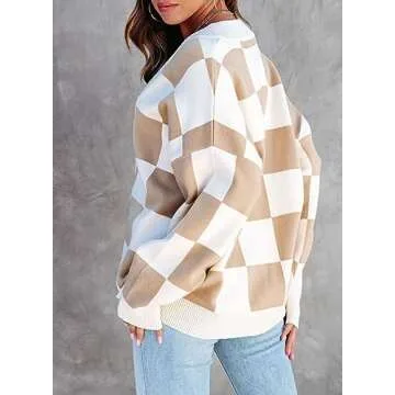 Dokotoo Womens Cardigan Sweaters Color Block V Neck Button Down Long Sleeve Plaid Cardigans Coats Casual Cable Knit Ribbed Fall Winter Ladies Loose Fit Jackets Outerwear Khaki L