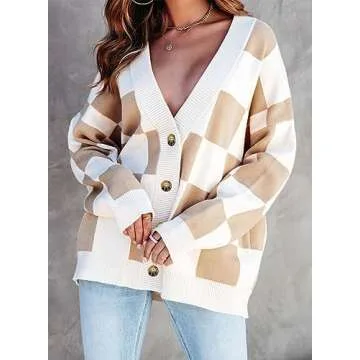 Dokotoo Womens Cardigan Sweaters Color Block V Neck Button Down Long Sleeve Plaid Cardigans Coats Casual Cable Knit Ribbed Fall Winter Ladies Loose Fit Jackets Outerwear Khaki L