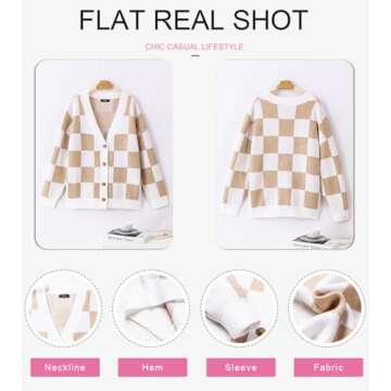 Dokotoo Womens Cardigan Sweaters Color Block V Neck Button Down Long Sleeve Plaid Cardigans Coats Casual Cable Knit Ribbed Fall Winter Ladies Loose Fit Jackets Outerwear Khaki L