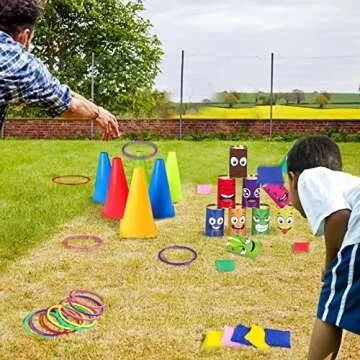 Hxezoc 36 Pack Carnival Games Set, 4 in 1 Soft Plastic Cones Cornhole Bean Bags Ring Can Toss Carnival Games Combo for Kids Adults Carnival Birthday Party School Field Indoor Outdoor Games Supplies