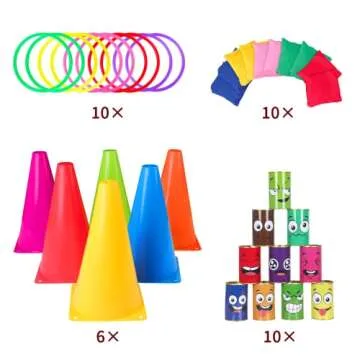 Hxezoc 36 Pack Carnival Games Set, 4 in 1 Soft Plastic Cones Cornhole Bean Bags Ring Can Toss Carnival Games Combo for Kids Adults Carnival Birthday Party School Field Indoor Outdoor Games Supplies