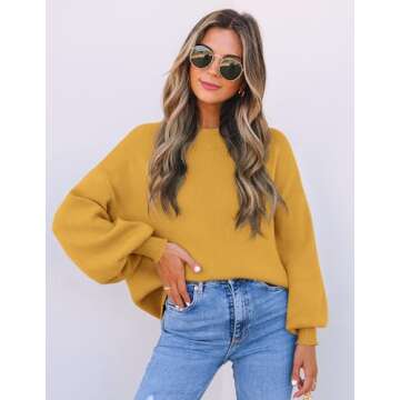 ZESICA Women's Casual Mock Neck Lantern Sleeve Sweater - Mustard - All Sizes