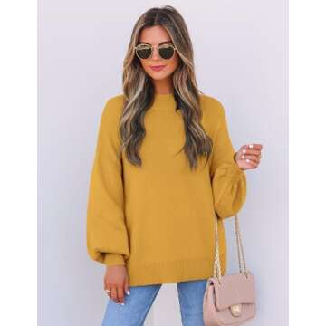 ZESICA Mustard Turtleneck Lantern Sleeve Sweater for Women