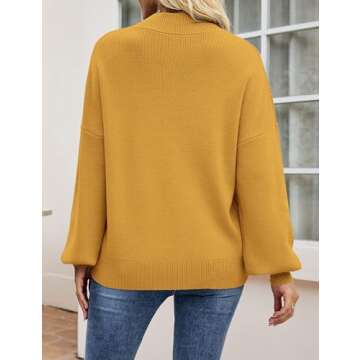 ZESICA Mustard Turtleneck Lantern Sleeve Sweater for Women