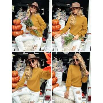 ZESICA Mustard Turtleneck Lantern Sleeve Sweater for Women