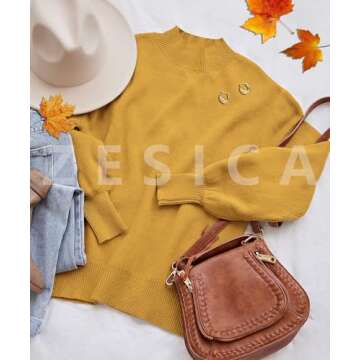 ZESICA Mustard Turtleneck Lantern Sleeve Sweater for Women