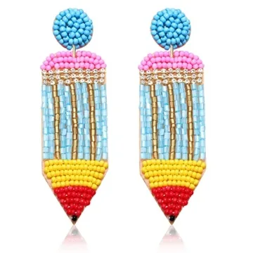 MOLOCH Teacher Earrings Handmade Beaded Pencil Drop Dangle Earrings for Women Teacher Appreciation G...