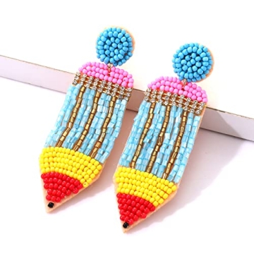MOLOCH Teacher Earrings Handmade Beaded Pencil Drop Dangle Earrings for Women Teacher Appreciation Gifts Back To School Jewelry（Blue）
