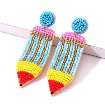 MOLOCH Teacher Earrings Handmade Beaded Pencil Drop Dangle Earrings for Women Teacher Appreciation Gifts Back To School Jewelry（Blue）