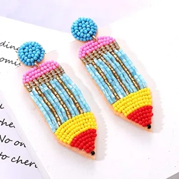 MOLOCH Teacher Earrings Handmade Beaded Pencil Drop Dangle Earrings for Women Teacher Appreciation Gifts Back To School Jewelry（Blue）
