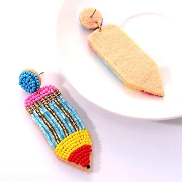 MOLOCH Teacher Earrings Handmade Beaded Pencil Drop Dangle Earrings for Women Teacher Appreciation Gifts Back To School Jewelry（Blue）