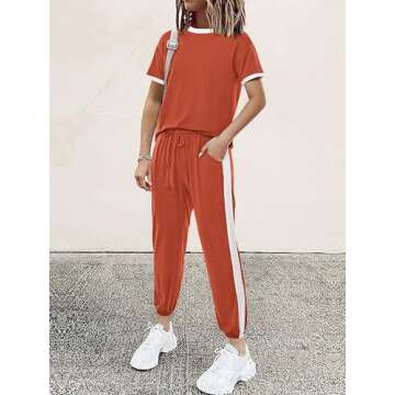 MASCOMODA Two Piece Sets for Women Summer 2024 Loungewear Jogger Set Spring Short Sleeve Tops Long Pants Casual Tracksuit Set(Orange,Small)