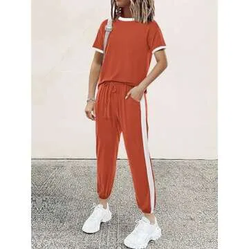 MASCOMODA Two Piece Sets for Women Summer 2024 Loungewear Jogger Set Spring Short Sleeve Tops Long Pants Casual Tracksuit Set(Orange,Small)