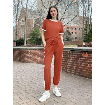 MASCOMODA Two Piece Sets for Women Summer 2024 Loungewear Jogger Set Spring Short Sleeve Tops Long Pants Casual Tracksuit Set(Orange,Small)