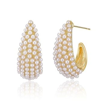 Pearl Hoop Earrings for Women, Trendy 14K Gold Plated Round Pearl Cuff Hoop Earrings Hypoallergenic ...