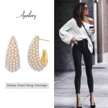 Pearl Hoop Earrings for Women, Trendy 14K Gold Plated Round Pearl Cuff Hoop Earrings Hypoallergenic Statement Earrings Jewelry for Her