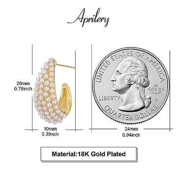 Pearl Hoop Earrings for Women, Trendy 14K Gold Plated Round Pearl Cuff Hoop Earrings Hypoallergenic Statement Earrings Jewelry for Her