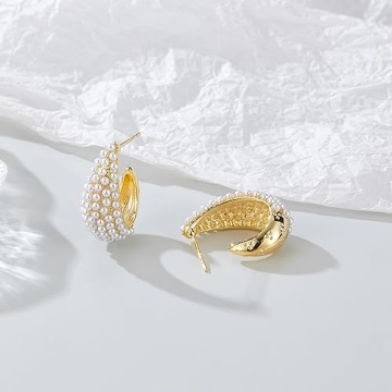 Pearl Hoop Earrings for Women, Trendy 14K Gold Plated Round Pearl Cuff Hoop Earrings Hypoallergenic Statement Earrings Jewelry for Her