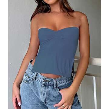 KIGRAD Women’s Y2K Pleated Bustier Strapless Sweetheart Bandeau Tube Crop Tank Summer Sleeveless Slit Going Out Crop Top Dusty Blue