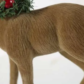 Lotus Hills 2pcs Reindeer Christmas Decorations, Flocking Christmas Reindeer Figurines with Red Berry and Pine Needle, Deer Décor Christmas Table Decorations, Christmas Table Centerpieces