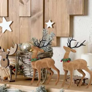 Lotus Hills 2pcs Reindeer Christmas Decorations, Flocking Christmas Reindeer Figurines with Red Berry and Pine Needle, Deer Décor Christmas Table Decorations, Christmas Table Centerpieces