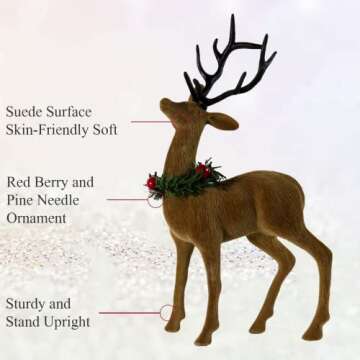Lotus Hills 2pcs Reindeer Christmas Decorations, Flocking Christmas Reindeer Figurines with Red Berry and Pine Needle, Deer Décor Christmas Table Decorations, Christmas Table Centerpieces