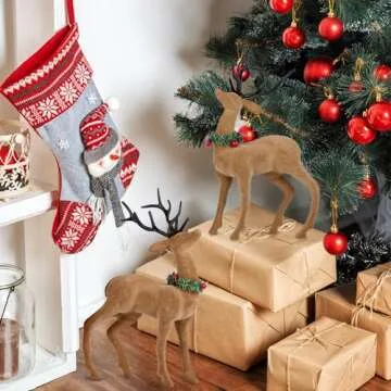 Lotus Hills 2pcs Reindeer Christmas Decorations, Flocking Christmas Reindeer Figurines with Red Berry and Pine Needle, Deer Décor Christmas Table Decorations, Christmas Table Centerpieces