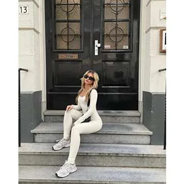 OQQ Women's Yoga Ribbed One Piece Long Sleeve Workout JumpSuit, Beige, Small