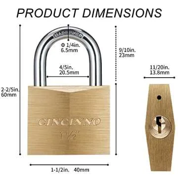 CINCINNO Solid Brass Padlock with Key, Key Lock with 1-9/16" Wide Body, 2 Pack Keyed Alike Locker Lock with Key