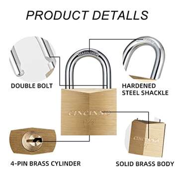 CINCINNO Solid Brass Padlock with Key, Key Lock with 1-9/16" Wide Body, 2 Pack Keyed Alike Locker Lock with Key