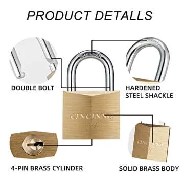 CINCINNO Solid Brass Padlock with Key, Key Lock with 1-9/16" Wide Body, 2 Pack Keyed Alike Locker Lock with Key