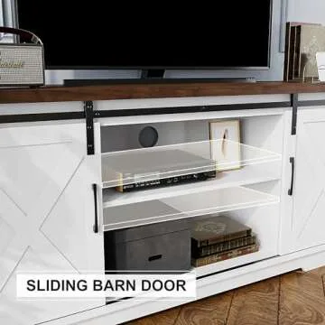 IDEALHOUSE Farmhouse Tv Stand for 65 Inch TVs, Entertainment Center with Sliding Barn Doors and Adjustable Shelf, Modern Storage Media TV Console TV Stand Table for Living Room, Bedroom, White