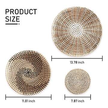 Handmade Hanging Woven Wall Basket Decor Set of 3, Wicker Wall Decor, Seagrass Woven Basket Wall Decor, Wicker Baskets, Rattan Wall Decor for Boho Wall Art, Round Wicker Decorative Tray