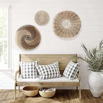 Handmade Hanging Woven Wall Basket Decor Set of 3, Wicker Wall Decor, Seagrass Woven Basket Wall Decor, Wicker Baskets, Rattan Wall Decor for Boho Wall Art, Round Wicker Decorative Tray
