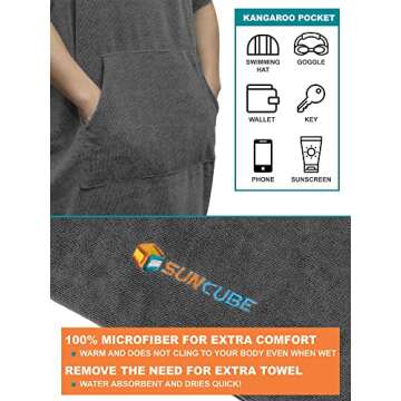 SUN CUBE Surf Poncho Changing Robe with Hood, Thick Quick Dry Microfiber Wetsuit Changing Towel for Surfing Beach Swim Outdoor Sports Men, Absorbent Wearable Towel Cover Up with Pocket, Gray
