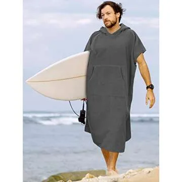 SUN CUBE Surf Poncho Changing Robe with Hood, Thick Quick Dry Microfiber Wetsuit Changing Towel for Surfing Beach Swim Outdoor Sports Men, Absorbent Wearable Towel Cover Up with Pocket, Gray