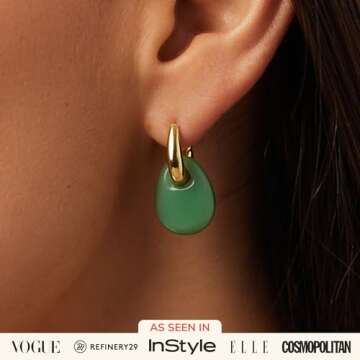 Ana Luisa Kayla Gold Hoop Drop Earrings for Women - Elegant 14K Gold Plated Hoops with Green Stone A...