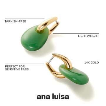 Ana Luisa Kayla Gold Hoop Drop Earrings for Women - Elegant 14K Gold Plated Hoops with Green Stone Accent - Hypoallergenic, Water-Resistant, Tarnish-Free Jewelry - Versatile, Lightweight, Comfortable
