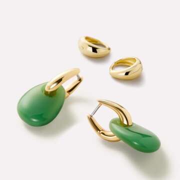 Ana Luisa Kayla Gold Hoop Drop Earrings for Women - Elegant 14K Gold Plated Hoops with Green Stone Accent - Hypoallergenic, Water-Resistant, Tarnish-Free Jewelry - Versatile, Lightweight, Comfortable