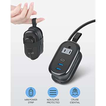Travel Essentials BEVA Travel Power Strip with USB C Ports, Non Surge Protector with 4FT Travel Extension Cord, 2 Outlets 3 USB Ports, Cruise Ship Essentials Travel Accessories(3.4A Charge Black)