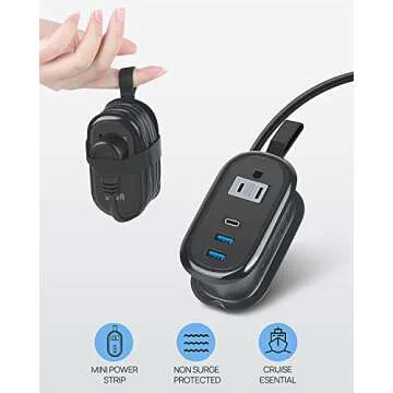Travel Essentials BEVA Travel Power Strip with USB C Ports, Non Surge Protector with 4FT Travel Extension Cord, 2 Outlets 3 USB Ports, Cruise Ship Essentials Travel Accessories(3.4A Charge Black)