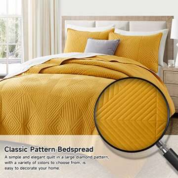 Lavsiry Queen Mustard Quilt Bedding Set, Summer Lightweight Full Size Yellow Large Diamond Pattern Bed Spread, Soft Microfiber Bedspread & Coverlet for All Seasons - 3 Piece(1 Quilt, 2 Pillow Shams)