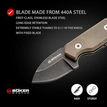 Boker Magnum Lil Friend Micro - Small Fixed Blade Neck Knife with Sheath, 1.38 Inch, 440A Stainless Steel Blade, G10 Handle (02SC743) -Lightweight, Compact EDC Knife, Multi-Color