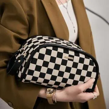cirea Vintage Black Double Zippers Checkered Large Capacity Cosmetic Bag with Compartments Skincare ...