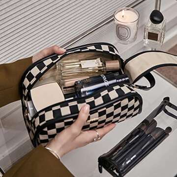 cirea Vintage Black Double Zippers Checkered Large Capacity Cosmetic Bag with Compartments Skincare Bag for Women Makeup Bag (Black)