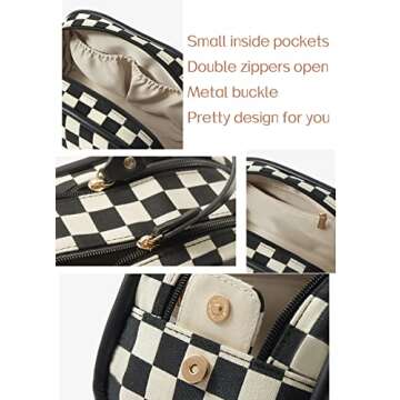 cirea Vintage Black Double Zippers Checkered Large Capacity Cosmetic Bag with Compartments Skincare Bag for Women Makeup Bag (Black)